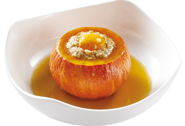 かぼちゃの豚挽肉と塩漬け卵の黄身蒸し詰め